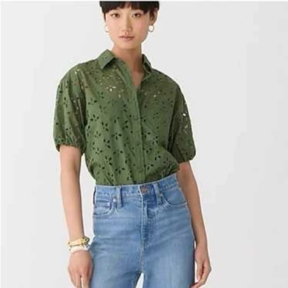 J Crew Spring Garden Top Olive Green Eyelet Size 2